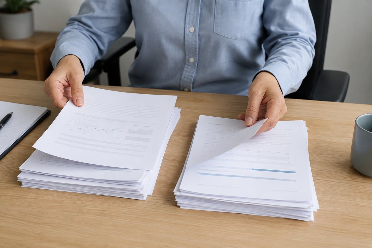 Two stacks of paperwork on a desk, with a person's hands lifting a page from each.
