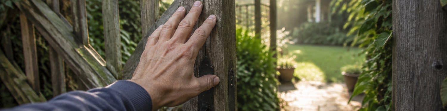 A hand reaching to open a weathered wooden gate onto a sunlit path.