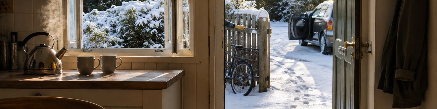 A kitchen door standing open onto a snowy garden, with a kettle and two mugs on the counter and footprints leading out to the gate.