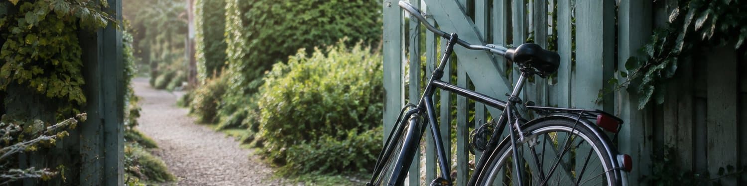 A bicycle leaning against a painted green gate beside a narrow garden path.